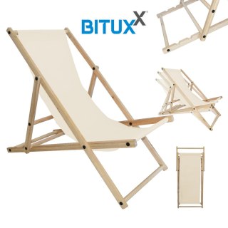 Beżowe składane krzesło plażowe / leżak kempingowy ogrodowy – drewniane, mobilne siedzisko outdoorowe