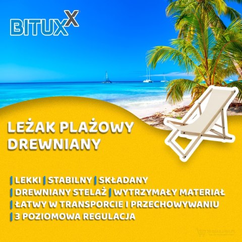 Beżowe składane krzesło plażowe / leżak kempingowy ogrodowy – drewniane, mobilne siedzisko outdoorowe