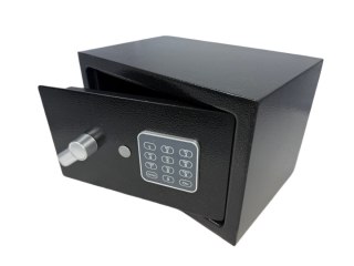 Domowy biurowy sejf czarny zamykany na kod oraz klucz czarny nowoczesny design stalowy solidny