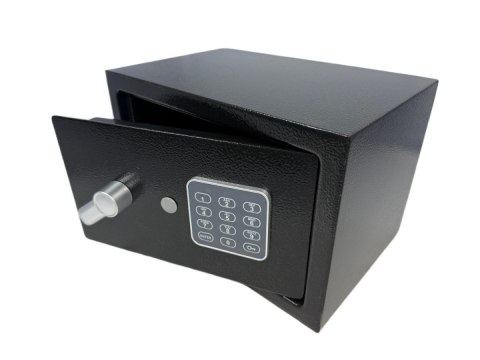 Domowy biurowy sejf czarny zamykany na kod oraz klucz czarny nowoczesny design stalowy solidny
