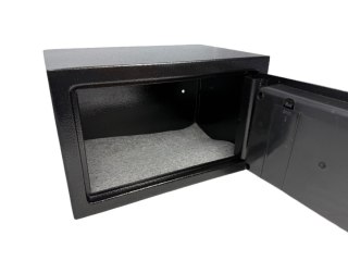 Domowy biurowy sejf czarny zamykany na kod oraz klucz czarny nowoczesny design stalowy solidny