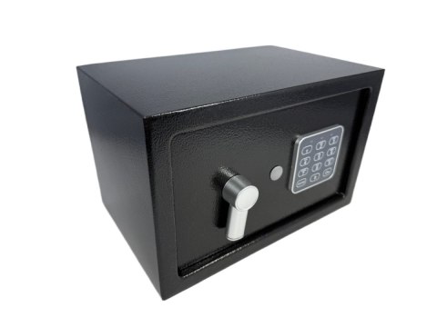 Domowy biurowy sejf czarny zamykany na kod oraz klucz czarny nowoczesny design stalowy solidny