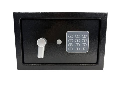 Domowy biurowy sejf czarny zamykany na kod oraz klucz czarny nowoczesny design stalowy solidny
