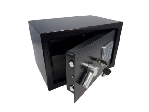 Domowy biurowy sejf czarny zamykany na kod oraz klucz czarny nowoczesny design stalowy solidny