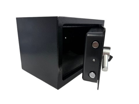 Domowy biurowy sejf czarny zamykany na kod oraz klucz czarny nowoczesny design stalowy solidny