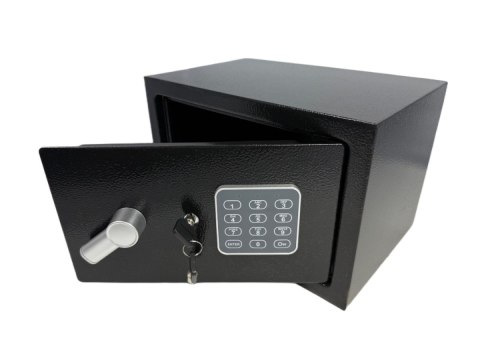 Domowy biurowy sejf czarny zamykany na kod oraz klucz czarny nowoczesny design stalowy solidny