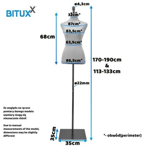 Manekin krawiecki szary welur z regulacją wysokości doskonały do aranżacji przestrzeni sprzedażowych