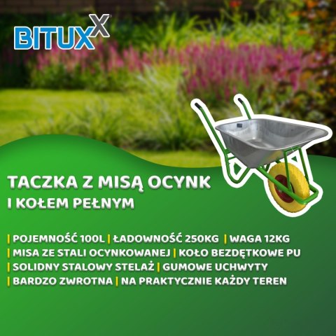 Taczka ogrodowa do 250kg pojemność 100 litrów zielony stelaż żółte koło pełne