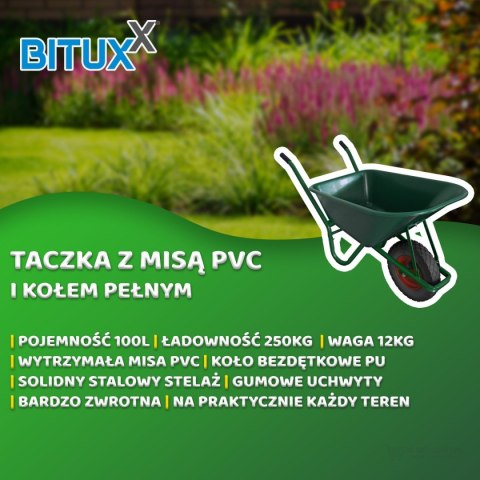 Taczka ogrodowa 100 litrów pojemności pełne koło z ośką solidna misa PCV wytrzymała taczka ogrodowa