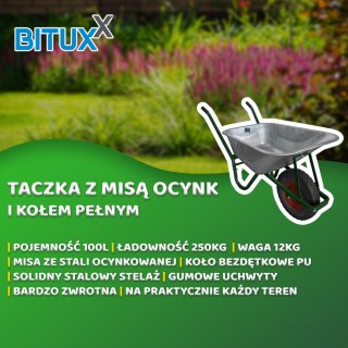 Taczka ogrodowa mocna solidna budowlana taczka z czarnym kołem ocynkowana misa pojemność do 100 ltrów