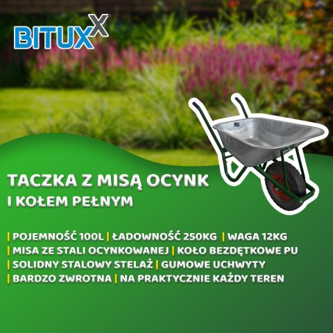 Taczka ogrodowa mocna solidna budowlana taczka z czarnym kołem ocynkowana misa pojemność do 100 ltrów