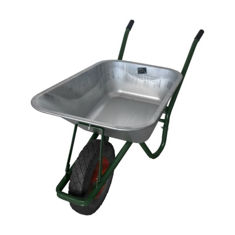 Taczka ogrodowa mocna solidna budowlana taczka z czarnym kołem ocynkowana misa pojemność do 100 ltrów
