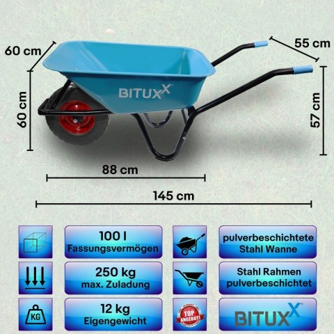 Taczka Ogrodowa Solidna taczka 100L jednokołowa niebieska Mocna 250kg koło PU