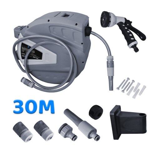 Bituxx Ogrodowy Wąż do Wody na Bębnie naścienny z pistoletem zraszaczem – zwijany wąż z uchwytem, pistolet zraszacz