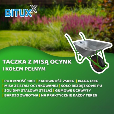 TACZKA OGRODOWA 100L 250KG BITUXX Z CZARNYM KOŁEM PU 4,0-4,8 STELAŻ ZIELONY