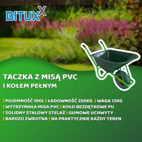 TACZKA OGRODOWA 250kg 100L MISA PVC + PEŁNE KOŁO ZIELONE BEZDĘTKOWE