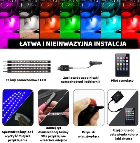 TAŚMA LED LAMPKI NA PASKU Z PILOTEM RÓŻNE KOLORY DC 12V DO WNĘTRZA AUTA SAMOCHODU
