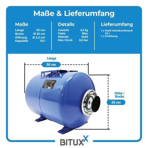 Hydrofor z membraną 50l zbiornik ciśnieniowy 6Bar Bituxx stalowy