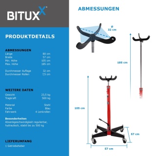 Podnośnik stojak do silników i skrzynie biegów do 500kg 105-185cm Czerwony