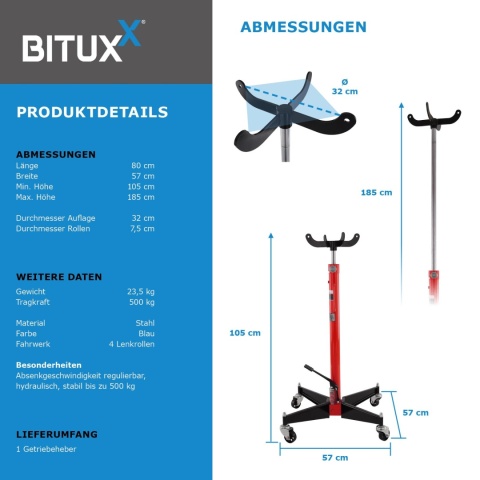 Podnośnik stojak do silników i skrzynie biegów do 500kg 105-185cm Czerwony