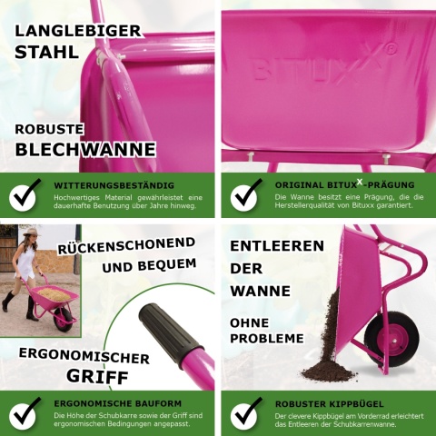 Taczka ogrodowa Wózek 100l z kołem pompowanym RÓŻOWA do 250kg Ocynkowana