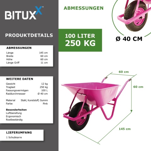 Taczka ogrodowa Wózek 100l z kołem pompowanym RÓŻOWA do 250kg Ocynkowana