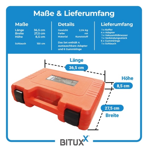 Urządzenie do odpowietrzania i napełniania układu chłodzenia BITUXX zestaw 14 elementów