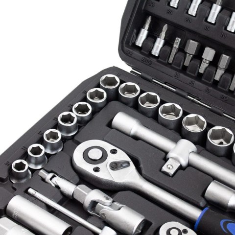 Kompletny zestaw narzędzi 94 el. w walizce – nasadki, grzechotki, bity i przedłużki, stal chromowo‑wanadowa Cr‑V