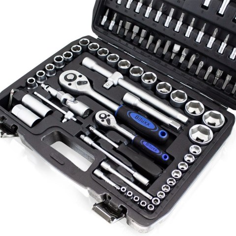 Kompletny zestaw narzędzi 94 el. w walizce – nasadki, grzechotki, bity i przedłużki, stal chromowo‑wanadowa Cr‑V