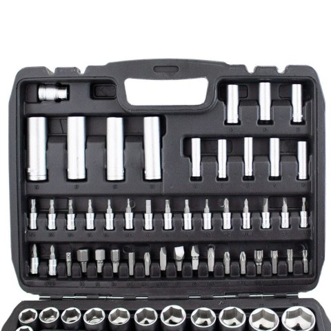 Kompletny zestaw narzędzi 94 el. w walizce – nasadki, grzechotki, bity i przedłużki, stal chromowo‑wanadowa Cr‑V