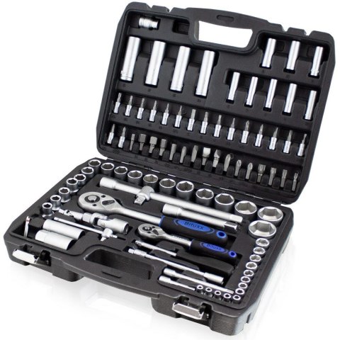 Kompletny zestaw narzędzi 94 el. w walizce – nasadki, grzechotki, bity i przedłużki, stal chromowo‑wanadowa Cr‑V