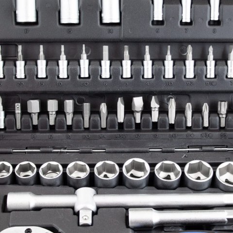 Kompletny zestaw narzędzi 94 el. w walizce – nasadki, grzechotki, bity i przedłużki, stal chromowo‑wanadowa Cr‑V