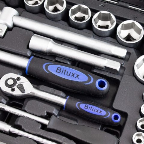 Kompletny zestaw narzędzi 94 el. w walizce – nasadki, grzechotki, bity i przedłużki, stal chromowo‑wanadowa Cr‑V