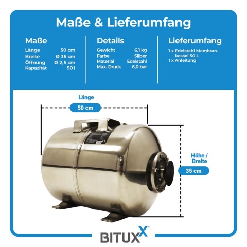 Zbiornik membranowy BITUXX 50L | Stal nierdzewna | Naczynie ciśnieniowe 6 bar
