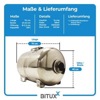 Zbiornik membranowy ze stali nierdzewnej BITUXX 100L zbiornik ciśnieniowy 8 bar do domowych instalacji wodnych