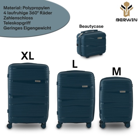 Zestaw walizek BERWIN Torna 4w1 twarde walizki na kółkach + kosmetyczka OCEAN Petrol