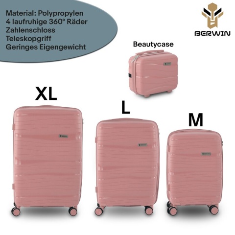Zestaw walizek BERWIN Torna 4w1 – twarde walizki na kółkach + kosmetyczka DUSTY Rose