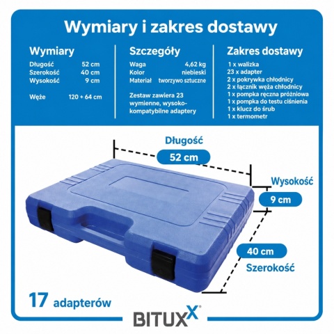 Bituxx 34‑częściowy tester układu chłodzenia – ciśnieniowy test szczelności i napełnianie chłodnicy