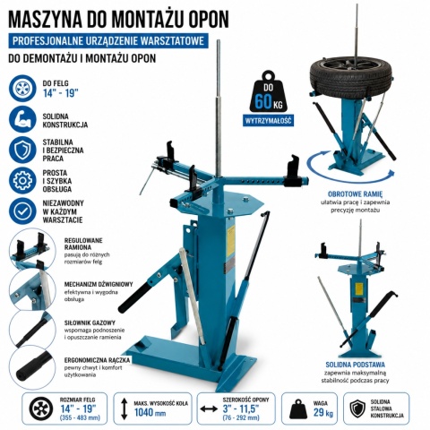 Bituxx Maszyna do montażu opon 4–19 cali – profesjonalne urządzenie warsztatowe do demontażu i montażu opon
