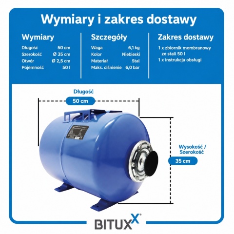 Hydrofor z membraną 50l zbiornik ciśnieniowy 6Bar Bituxx stalowy