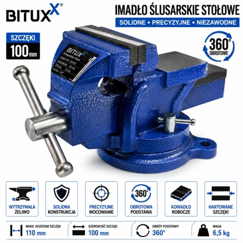 Imadło Ślusarskie Stołowe z żeliwa szczęki BITUXX 100mm Obrotowe 360 stopni