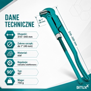 Klucz hydrauliczny Bituxx 90° – stalowy klucz do rur 1″ regulowany