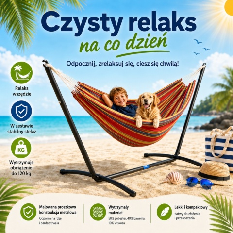 OGRODOWY HAMAK NA STELAŻU STOJĄCY PODWÓJNY BALKONOWY KOLOROWE PASKI