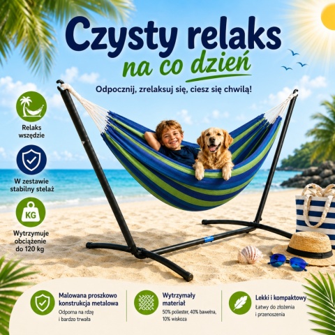 OGRODOWY HAMAK NA STELAŻU STOJĄCY PODWÓJNY NIEBIESKO ZIELONY