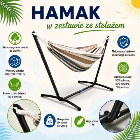 OGRODOWY HAMAK NA STELAŻU STOJĄCY PODWÓJNY SOLIDNY CAPRI NA BALKON