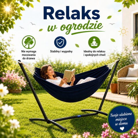 OGRODOWY TARASOWY HAMAK NA STELAŻU STOJĄCY PODWÓJNY NIEBIESKI