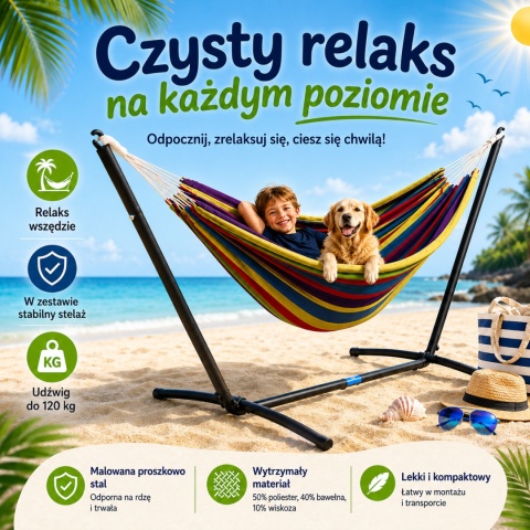 OGRODOWY TARASOWY HAMAK NA STELAŻU STOJĄCY PODWÓJNY TĘCZOWY SOLIDNY
