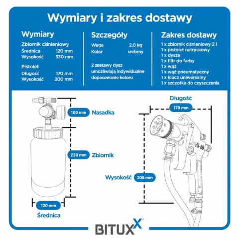 Pneumatyczny pistolet natryskowy 2 L z metalowym zbiornikiem – zestaw do malowania farb, lakierów i dekoracji