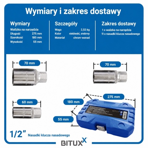 Profesjonalny zestaw wykrętaków do szpilek BITUXX 11 elementów z napędem 1/2″ – narzędzia do usuwania urwanych śrub i trzpieni