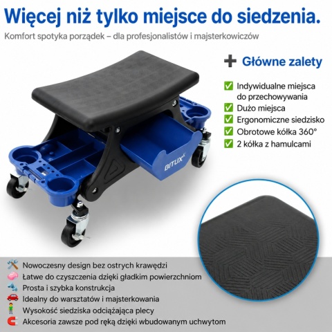 Taboret Warsztatowy Krzesło Krzesełko Stołek z kółkami z organizerem